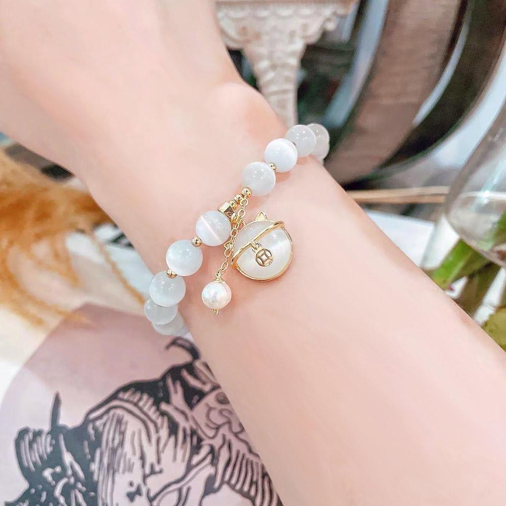 2025 Exquisite Opal Beaded Bracelet for Women Elegant Lucky Cat Pendant Adjustable Bracelets Fashion Friendship Jewelry Gifts