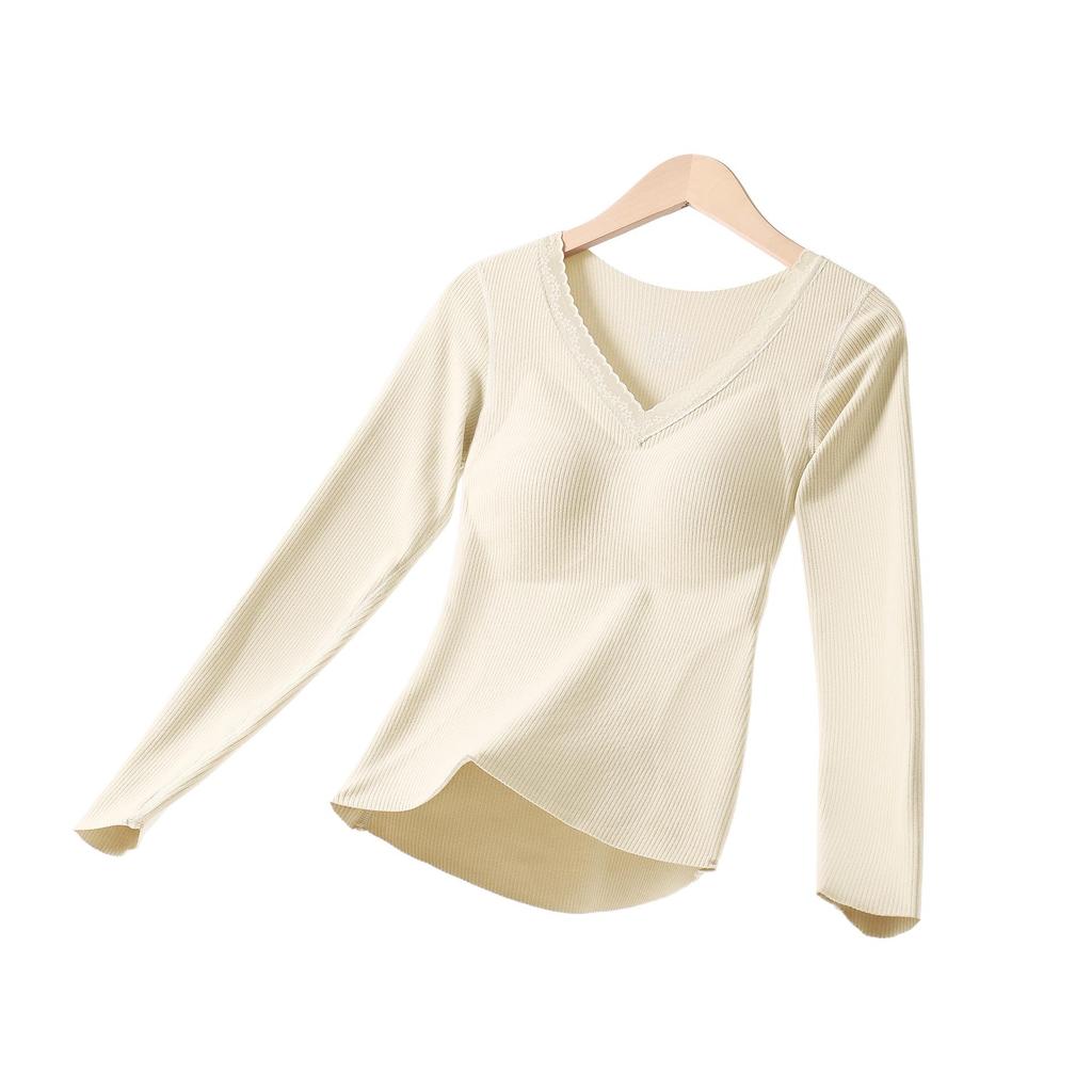 Women’s Cashmere Silk Slimming Underwear Set with Built-In Bra: Warm Cotton-Wool Long Sleeve Top & Bottoms for Autumn/Winter
