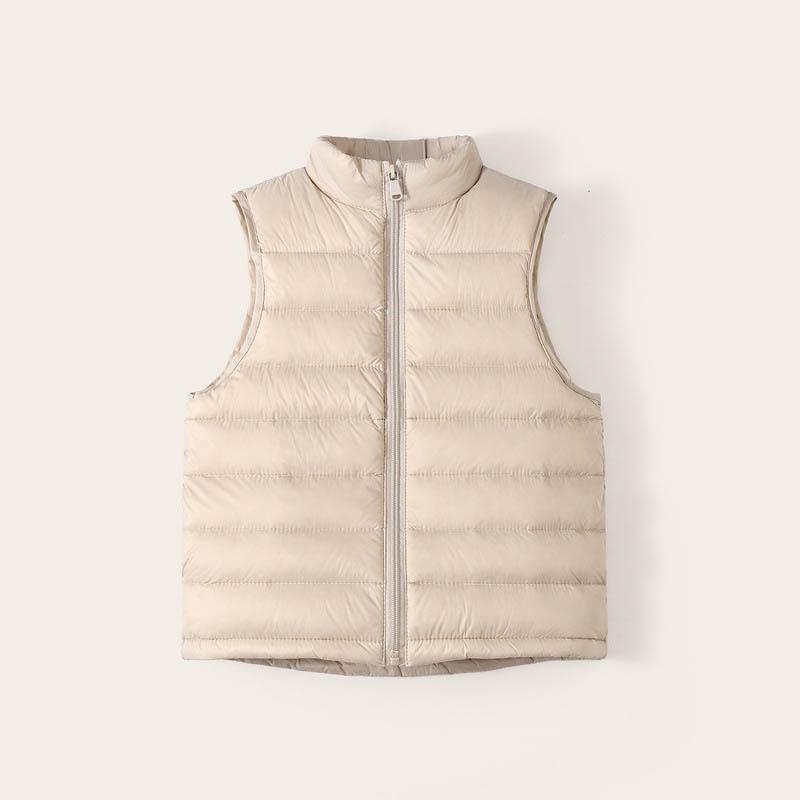 Autumn and Winter Boys' and Girls' Lightweight Sleeveless Jackets with Stand-Up Collars in Solid Colours, Warm down Vests