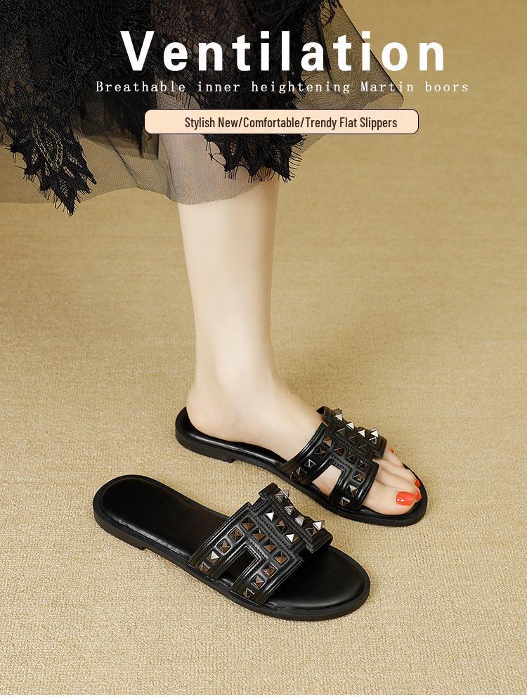 Chic Women's Rivet Slippers: 2025 Summer Fashion, Flat Bottom, Stylish Single Strap for Outdoors & Beach
