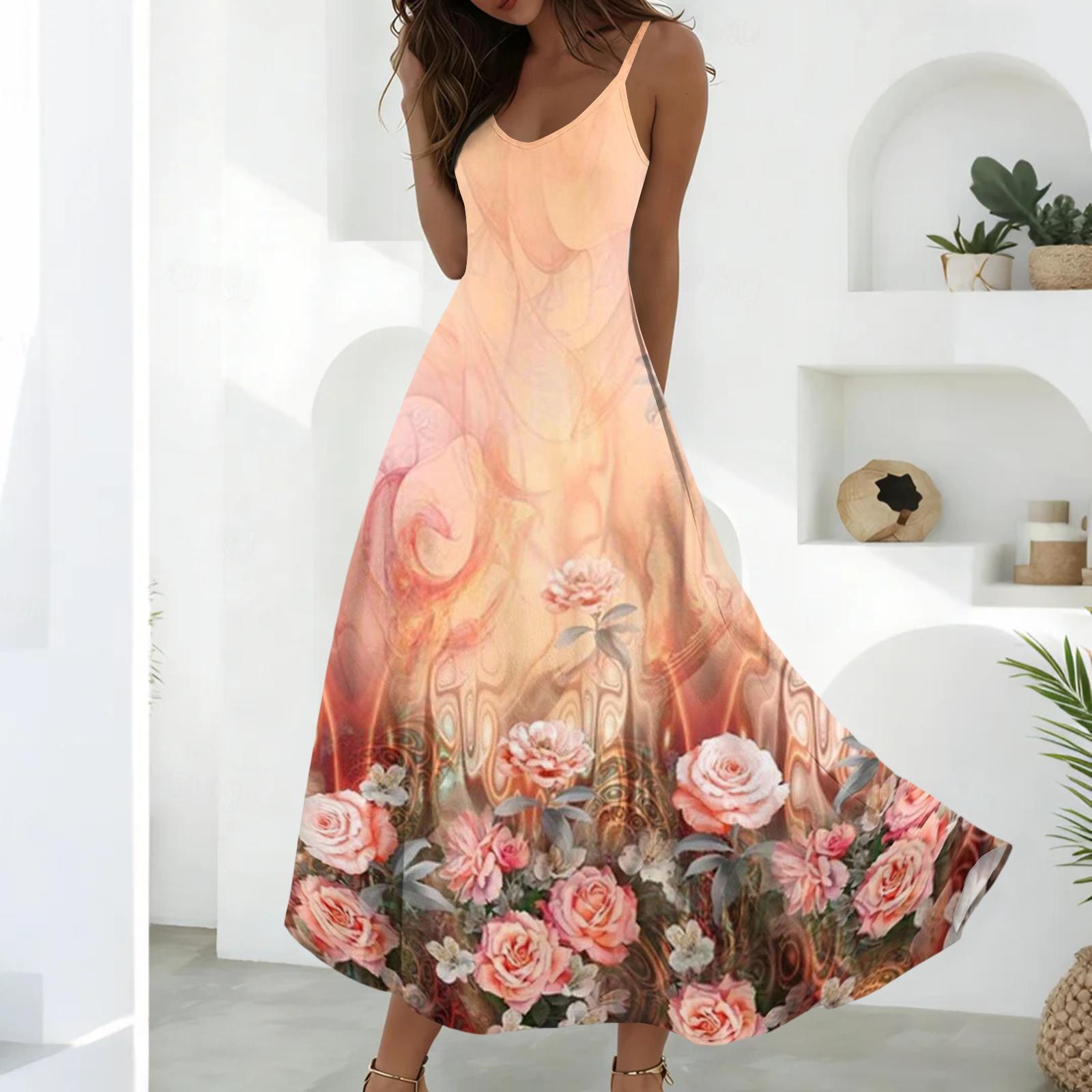 

Sleeveless Floral Print Maxi Dress for Women Casual Loose Fit Long Summer Dress with Spaghetti Straps and Flowing XL жовтий