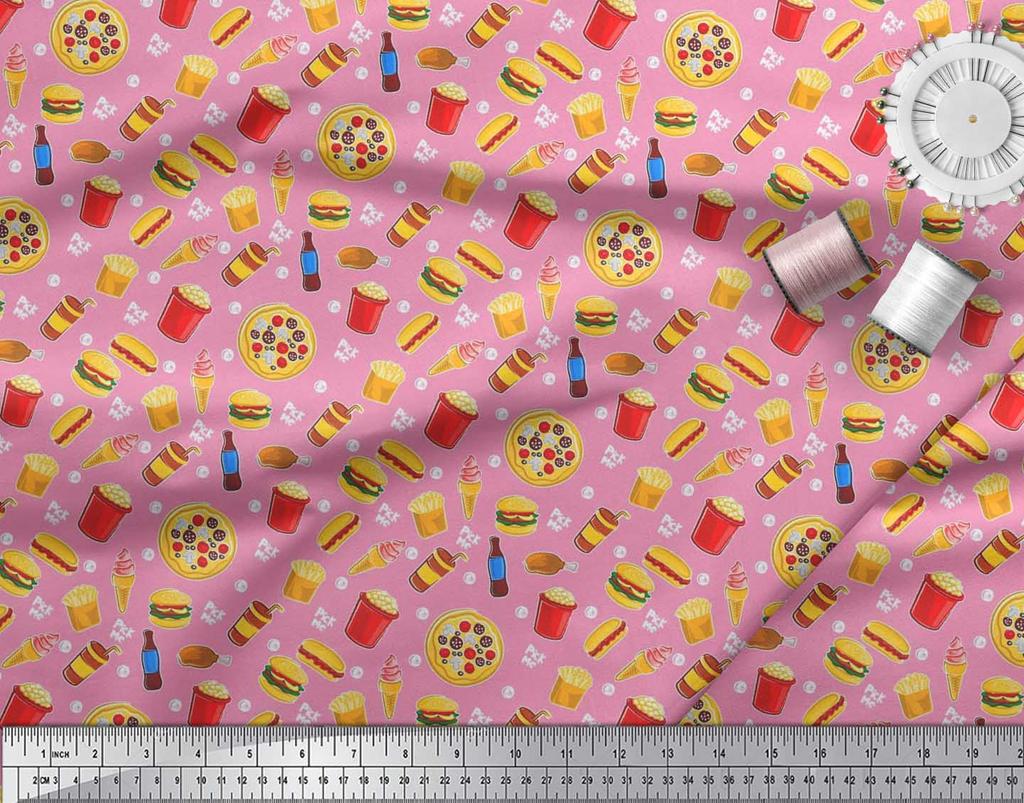 Soimoi Japanischer Krepp-Satin-Stoff Kaltgetränk, Pizza & Burger Lebensmittel bedruckter Stoff 1 Meter 42 Zoll