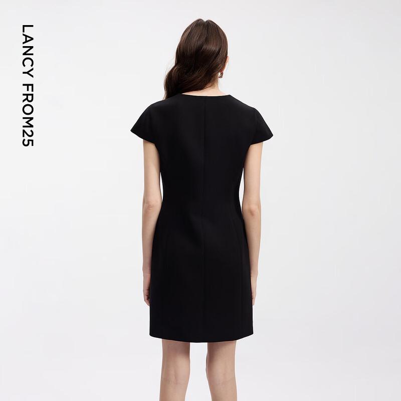 LANCY Acetate Blend Round Neck Waist-Cinching Dress