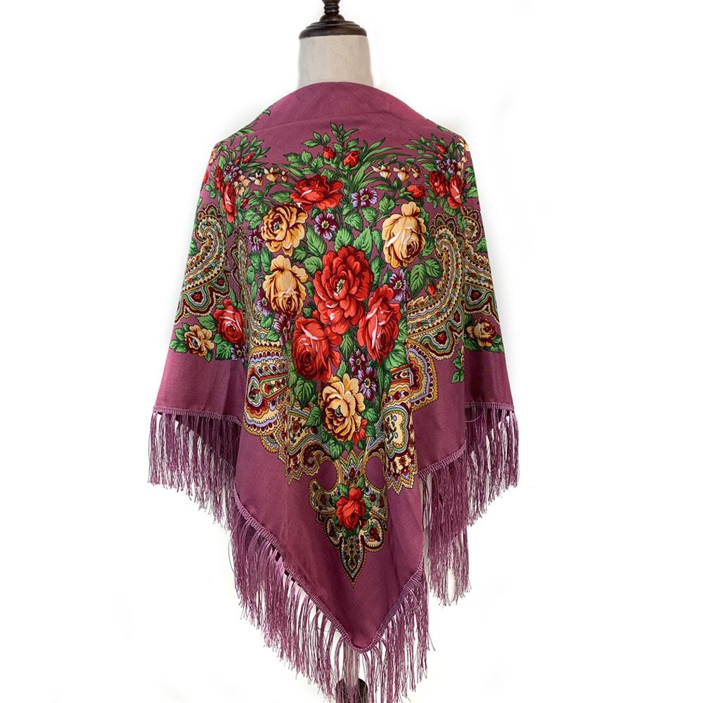 135*135Cm Russian Style Square Scarf For Women Luxury Floral Print Bandana Head Scarves Lades Fringed Shawl Headwraps Foulard
