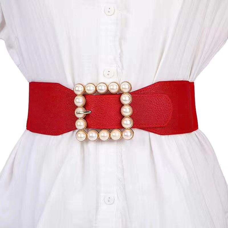 

A New Women s Dress with Sweet Pearl Elastic Elasticity, Wide Cinched Waist and Waist Seal, Fashionable Ins Style Belt for Ladies 60-80cm