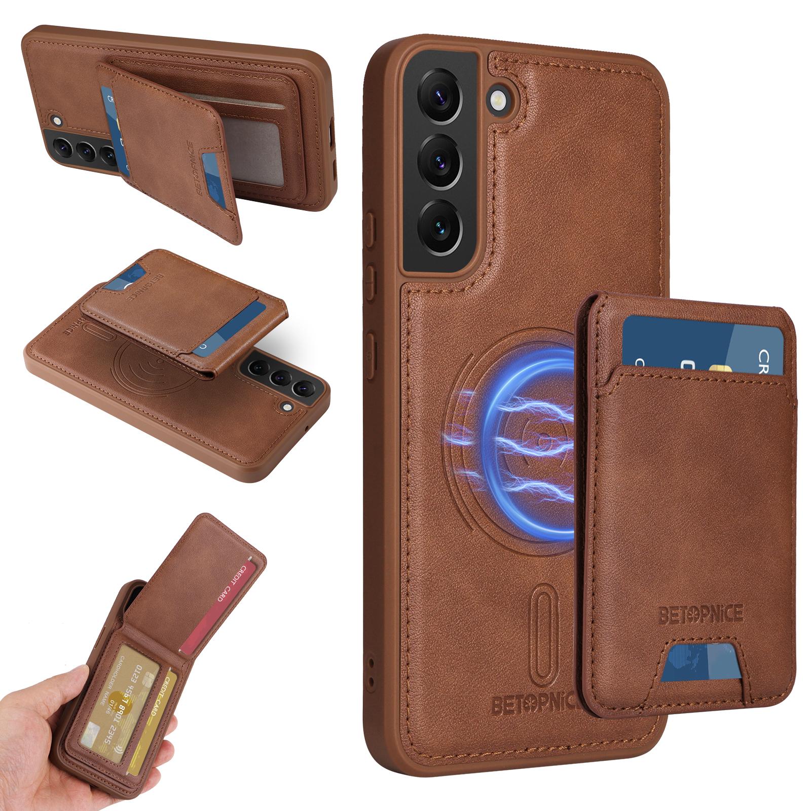 

For Samsung Galaxy S22+ 5G Magnetic Case BETOPNICE RFID Blocking Leather Phone Back Cover with Detachable Card Bag Brown
