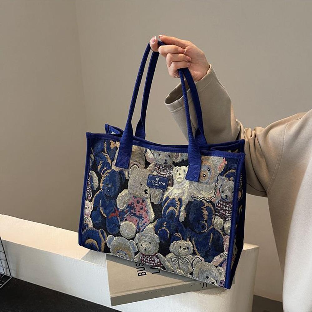 Convenient Portable Handbag Casual Cartoon Bear Embroidered Shoulder Bag Large Capacity Tote Bag синий