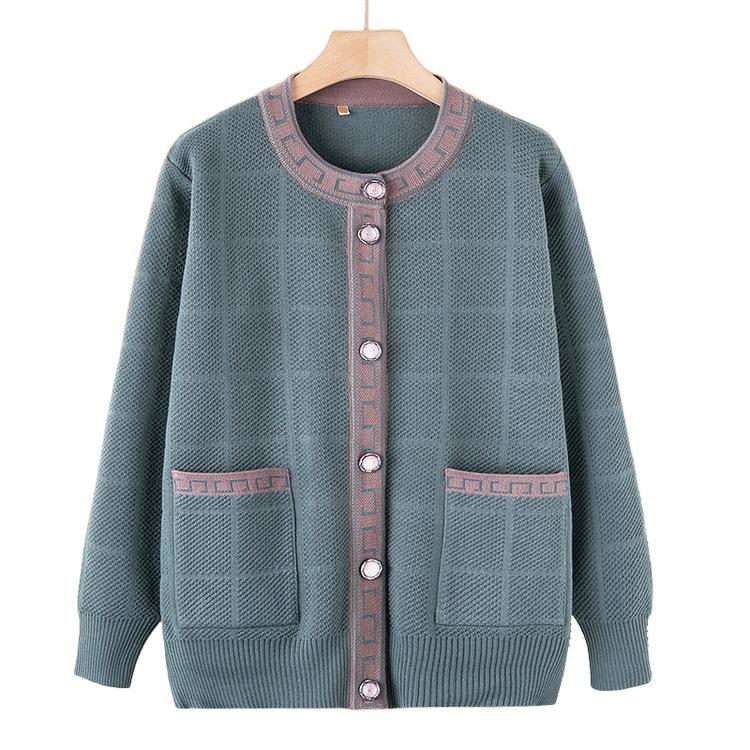 Middle-aged and Elderly Knitwear Autumn Coat Female Elderly Grandmother Spring and Autumn Cardigan Sweater Round Neck Mother Coat
