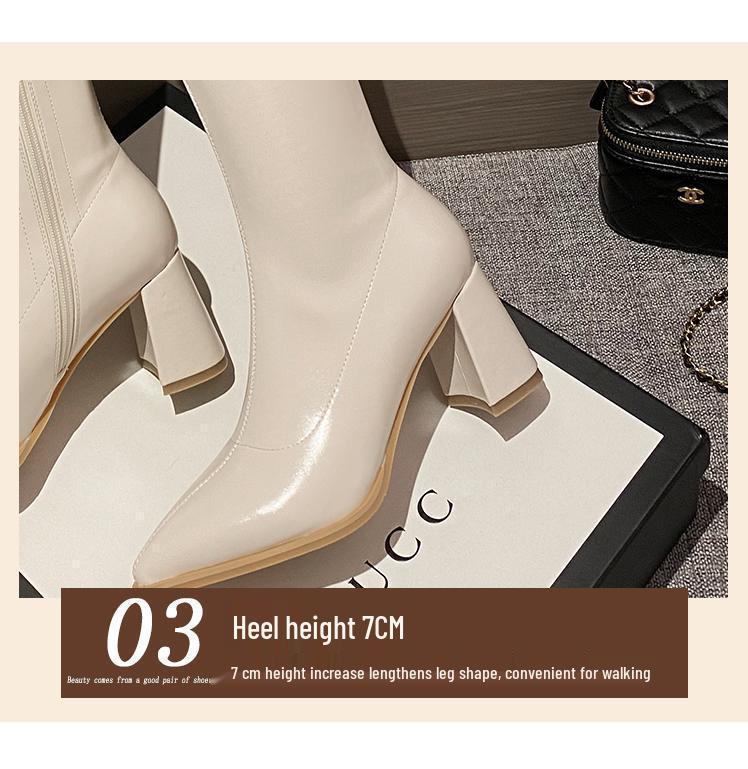 Women's White Non-Slip High-Top V-Cut Knight Boots - Pointed Toe, High Heel, Autumn/Winter 2025