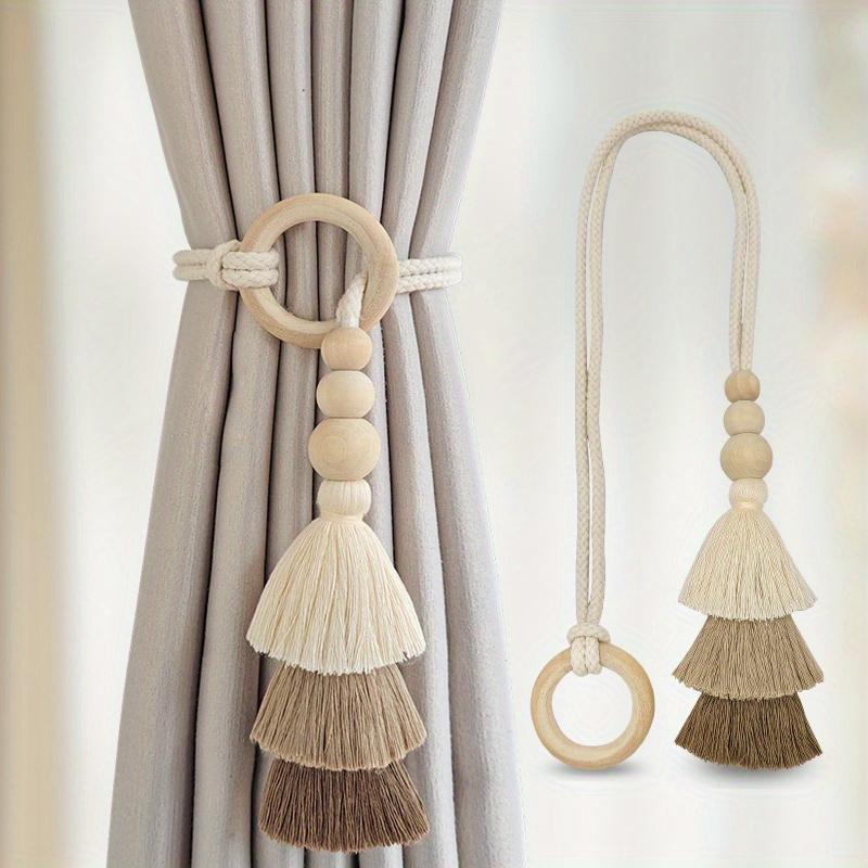 2pcs Bohemian Handmade Tassel Curtain Tiebacks with Wooden Beads - Polyester, Modern Boho Style Window Drape Holdbacks for Home Decor