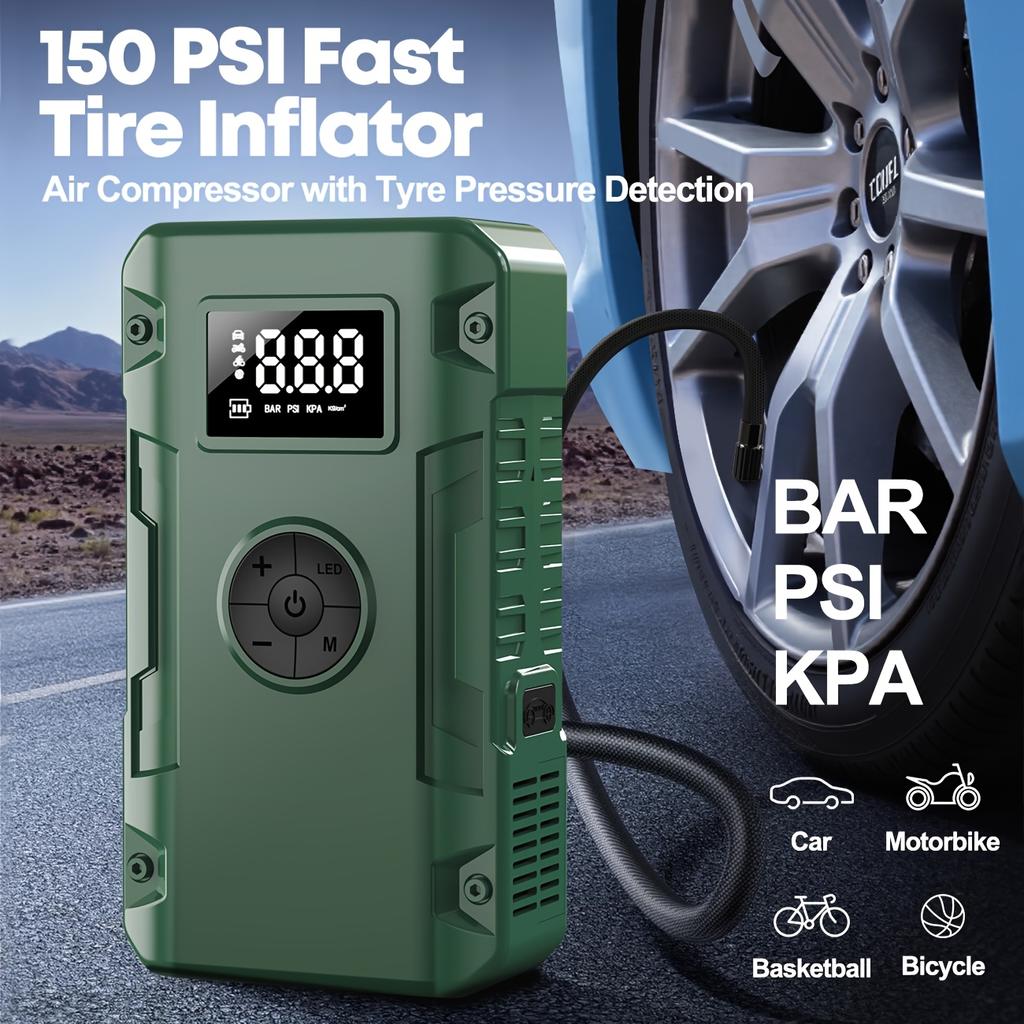 10000A 7-in-1 Multifunktions-Notfall-Starthilfe mit Luftpumpe, 150PSI Autostarthilfe, Reifenfüller, Tragbares Fahrzeugbatterieladegerät