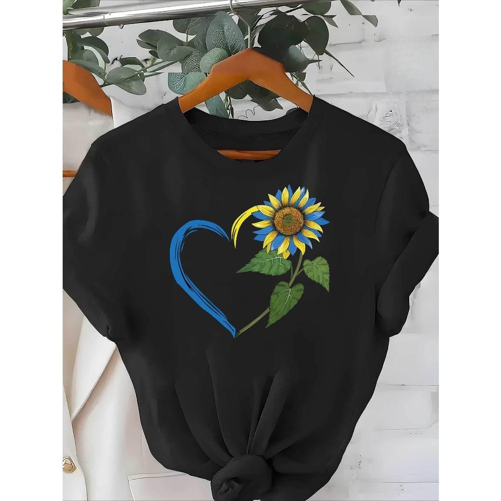 Women's Casual Short Sleeve T-Shirt Round Neck with Sunflower Heart Print for Summer Daily Floral Design Top