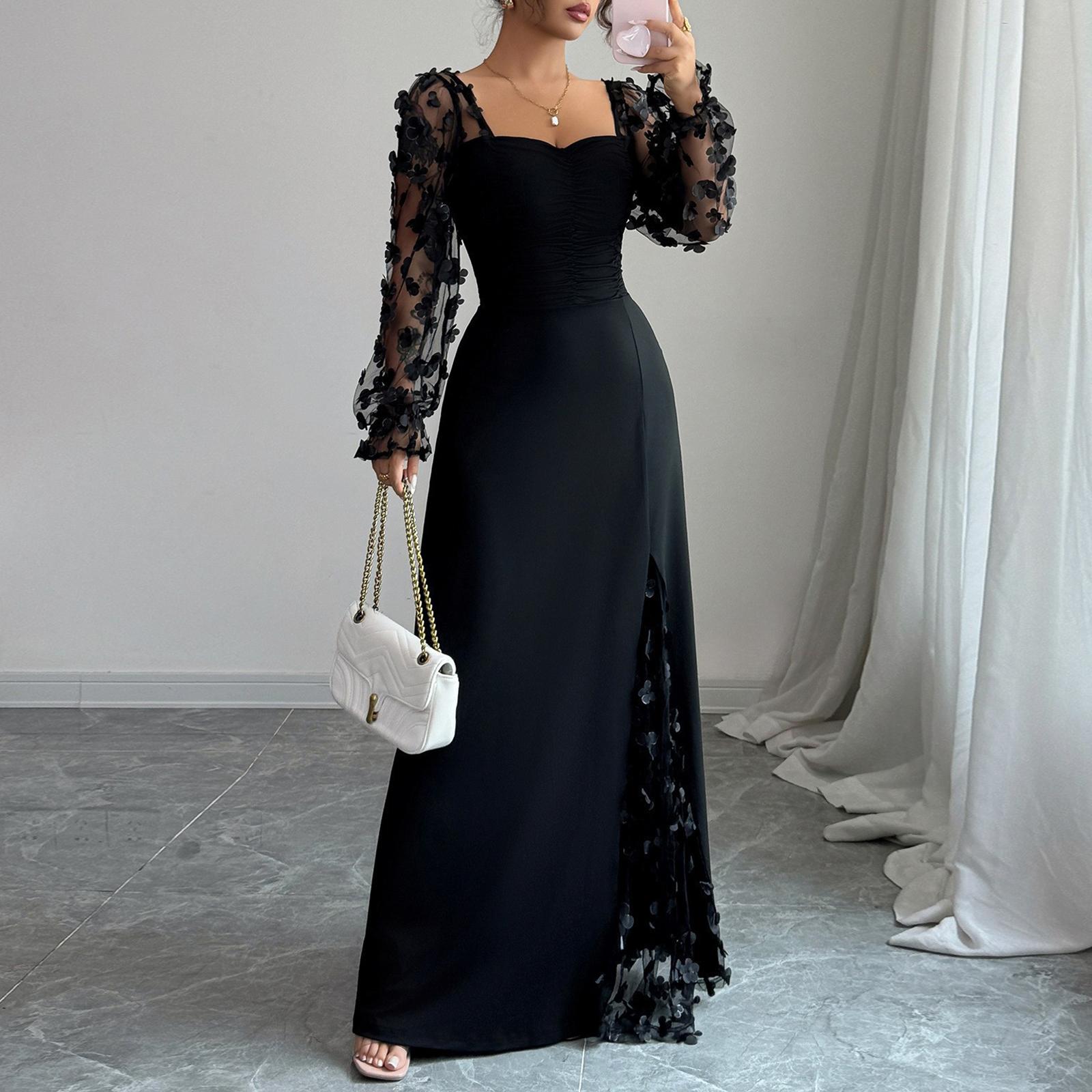 Women s Square Neck Lace Long Sleeve Fitted Waist Split Formal Dress L чёрный