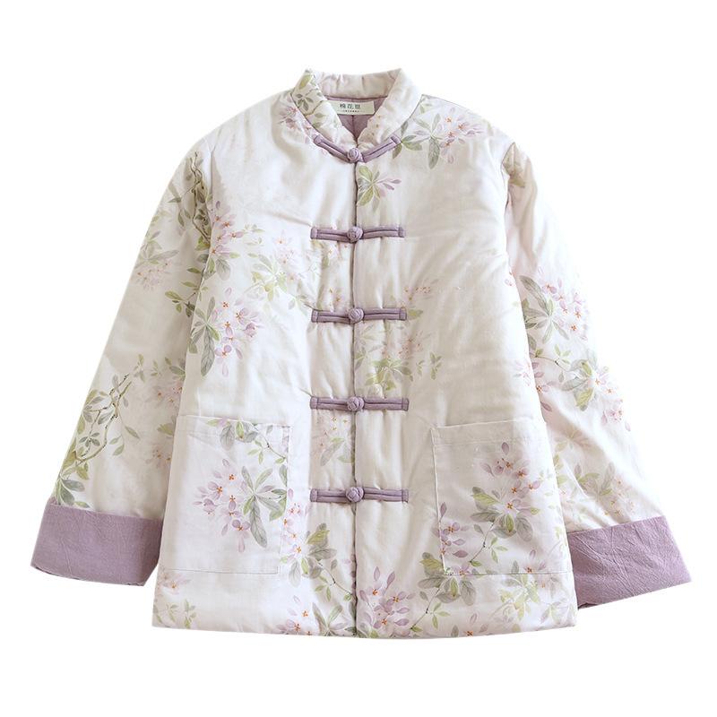 Women's Floral Print Cotton Padded Coat Chinese Style Stand Collar Frog Button Mid Length Winter Jacket