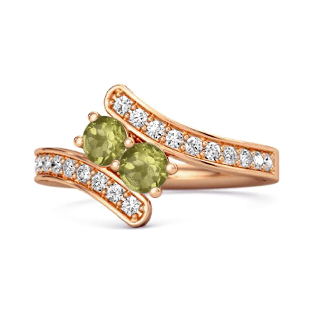 Peridot Twin Stone Pavé Bypass Ring -925  Sterling Silver Rose Gold Vermeil 7 розового золота
