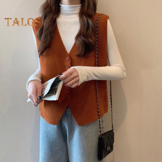 Jesień Zima Damska Kamizelka Dekolt w Serek Zapinana Na Guziki Jednolity Kolor Luźna Dzianina Gruba Utrzymuje Ciepło Bez Rękawów Luźny Sweter Top