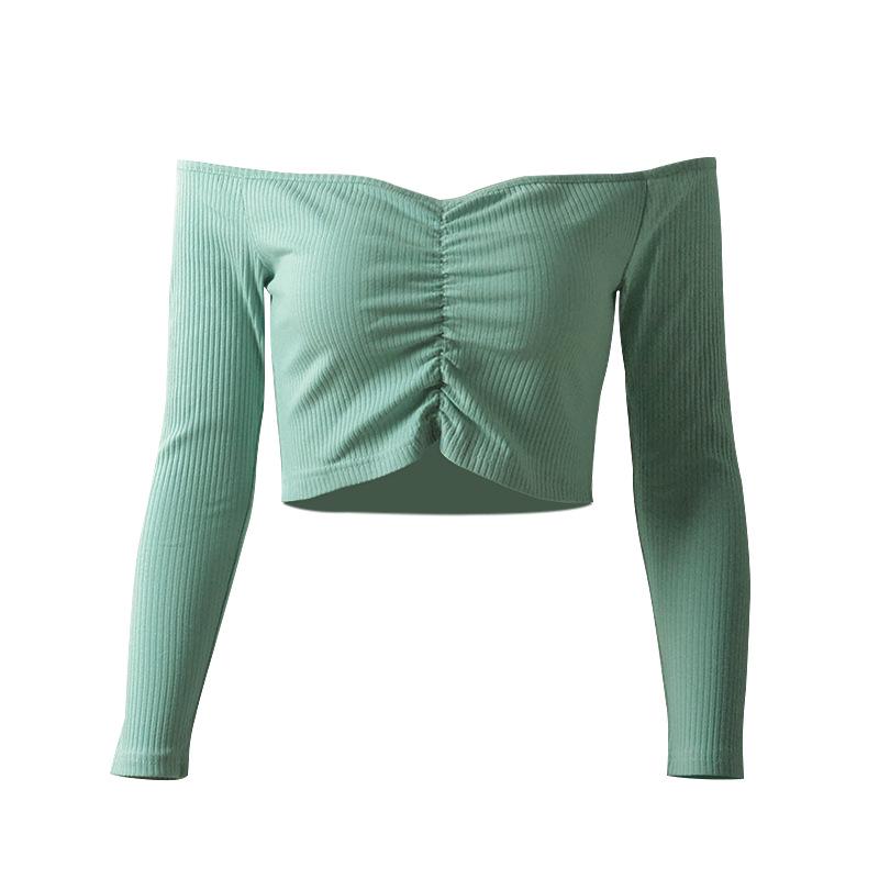 European and American women's clothing bottoming shirt slim-fitting open-navel long-sleeved t-shirt women's design sense one-word shoulder top women's