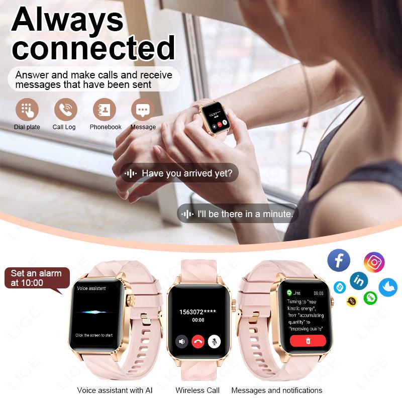 Smartwatch mit Bluetooth-Anrufen, wasserdicht, Schrittzähler, Herzfrequenz, Blutsauerstoff und Schlafüberwachung.