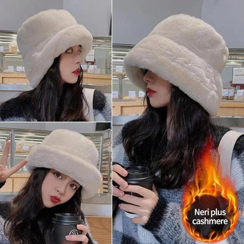 1 Pcs Korean Version Fashionable Versatile Bucket Hat New Hat For Women In Winter New Warm Imitation Mink Fur Fisherman Hat