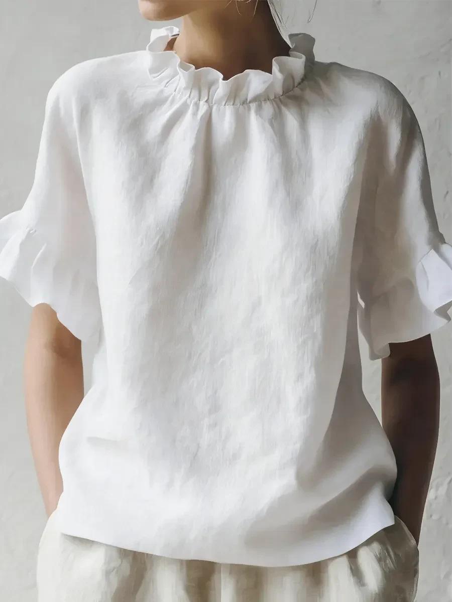 Green Ruffle Neck Short Sleeve Blouse with Flared Sleeves S белый