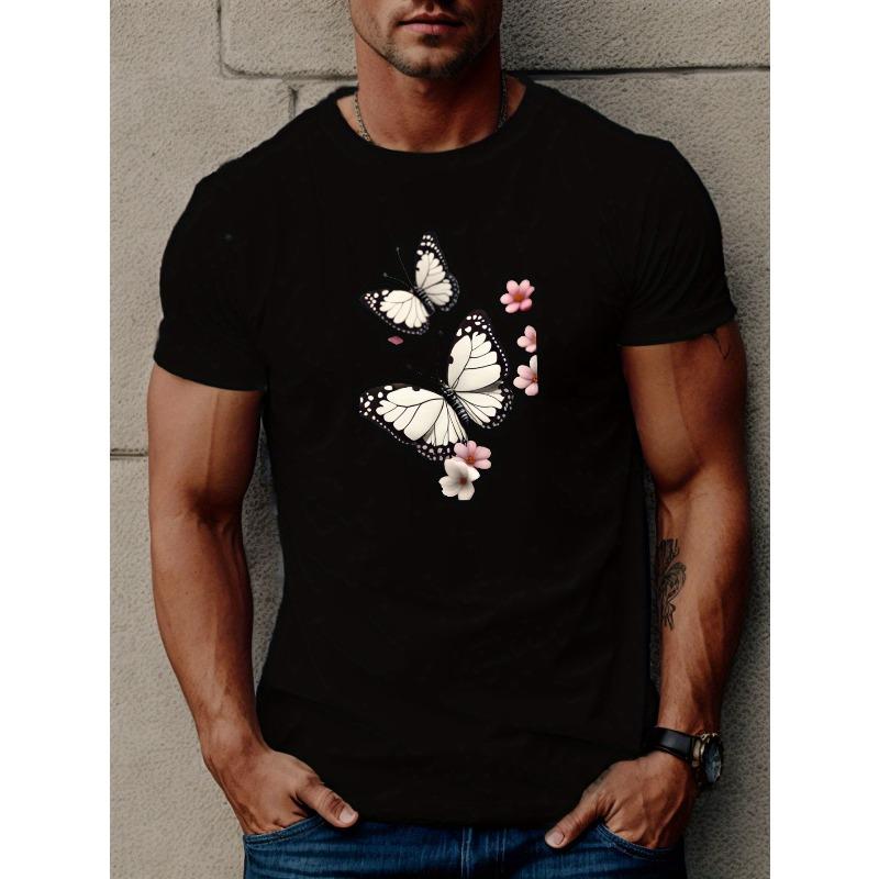

European sizes Butterflies And Flowers Print T Shirt, Tees For Men, Casual Short Sleeve T-shirt For Summer S чёрный