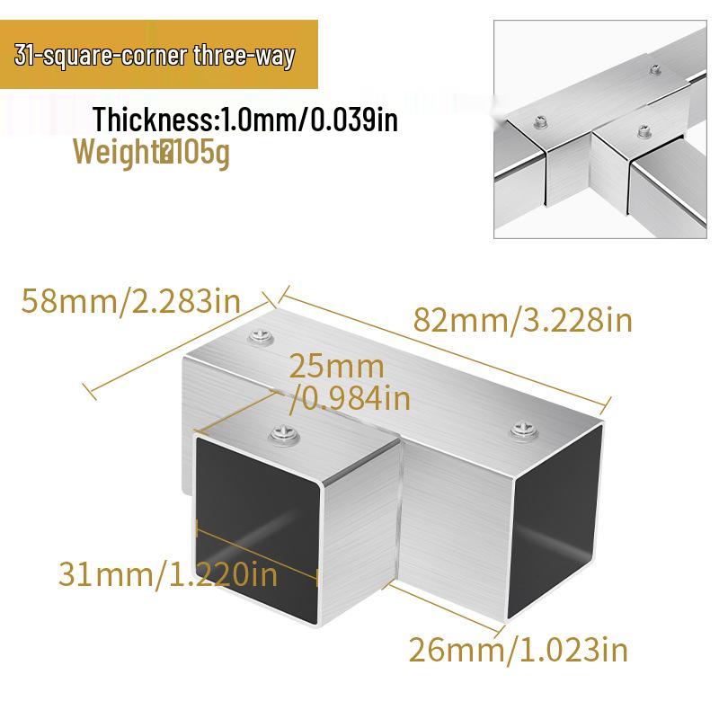 Stainless Steel Weld-Free Square Tube Connector for Shelves - 20/25/30mm