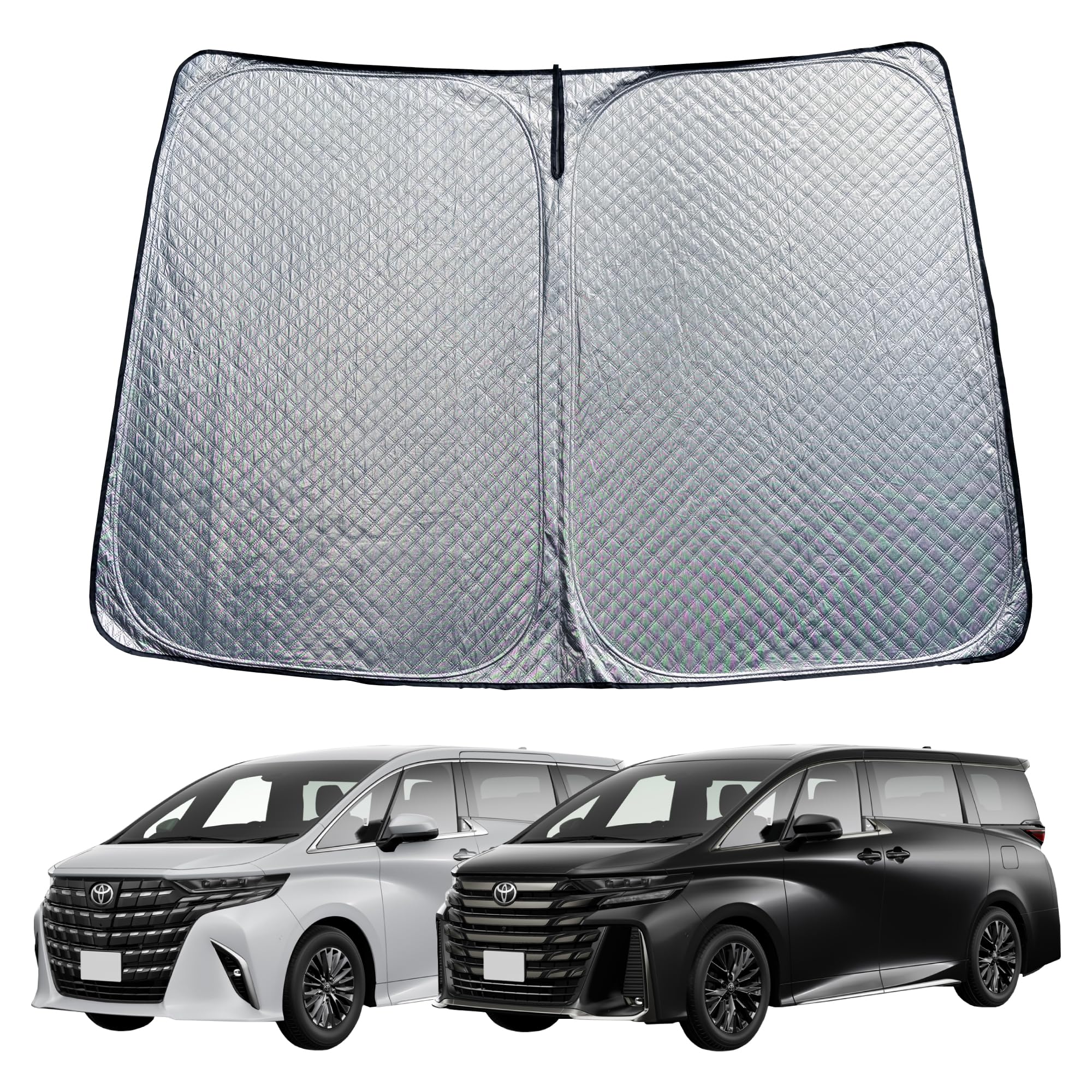 

LED LABO Front Sunshade for Toyota Alphard and Vellfire 40 Thick Quilted Design with Silver Surface and Black Blocks of UV and Compact Storage (30