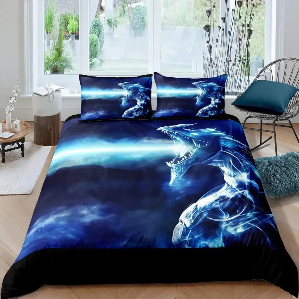 Ice Fire Dragon Duvet Cover Set for Boys Oriental Beast Bedding Set Eastern Auspicious Animals Fairy Tale Comforter Cover