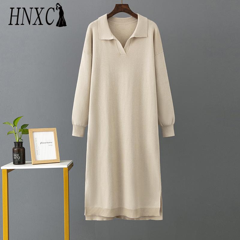 HNXC Rochii de toamnă-iarnă tricotate largi pentru femei, cu guler polo de culoare solidă, cu căptușeală