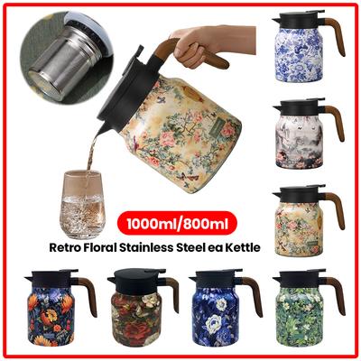 1000ml/800ml Czajnik Wzór Kwiatowy Stal Nierdzewna Vintage Kwiatowy Czajniczek Wbudowany Zaparzacz Mini Czajnik na Gorącą Kawę do Gorących Napojów