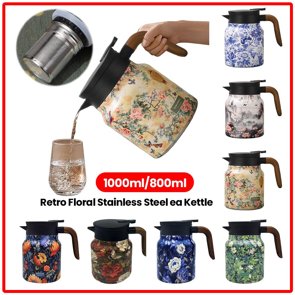 

1000ml/800ml Floral Pattern Teapot Stainless Steel Vintage Floral Tea Kettle Built-in Infuser Mini Hot Coffee Pot for Hot Drinks