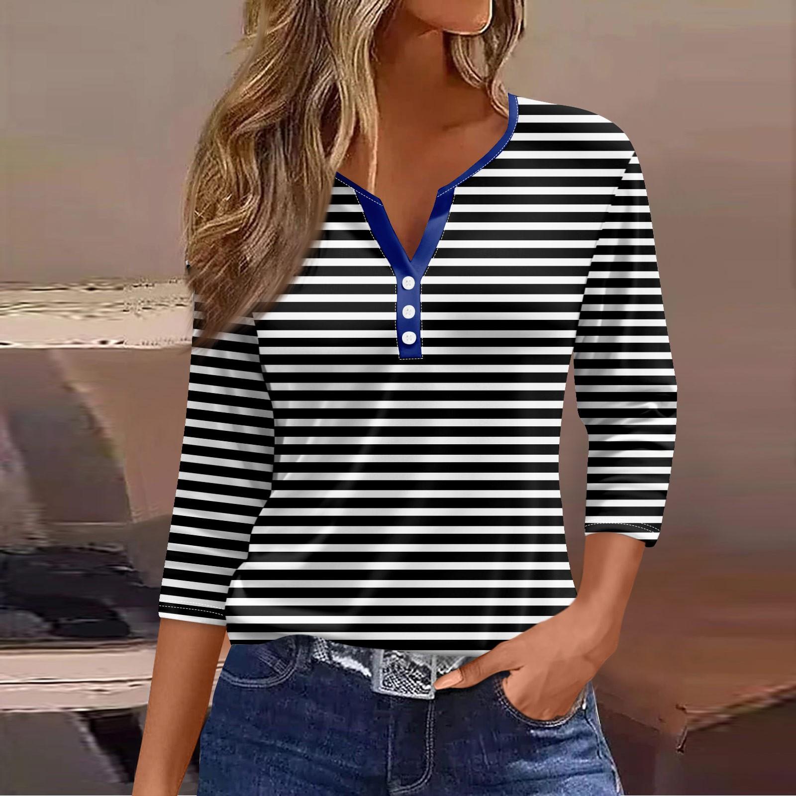 

Жен. Футболка Футболка С принтом Пуговицы Рукав 3/4 Повседневные Выходные Мода Классический V-образный вырез Обычный Топ XXL чёрный