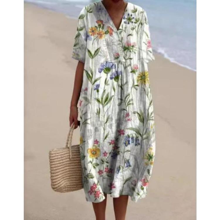 

Colorful Floral Print Women Maxi Dress V Neck Short Sleeve Loose Casual Summer Beach Vacation Dress Workout Wear S