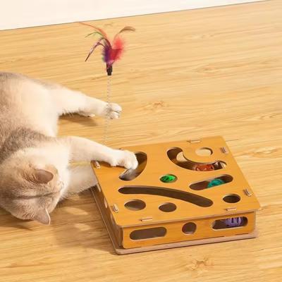 Interactive Cat Toy Puzzle Box Wooden Treat Maze Play Enrichment Box with 6 Balls Cat Nail File Scratcher Toy for Indoor Kitten