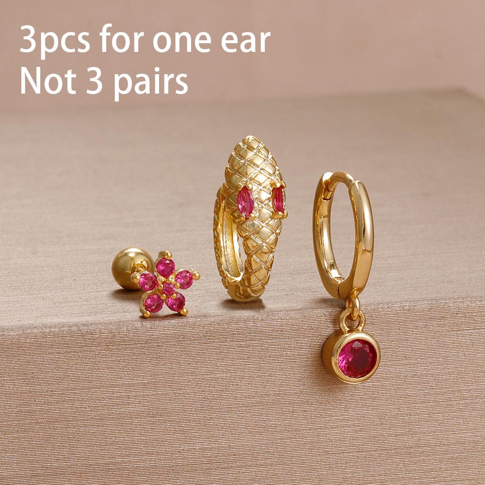 3PCS Unique Stainless Steel Earrings Set for Women Rose Red Crystal Zircon Huggie Hoop Earring Wedding Romantic Jewelry