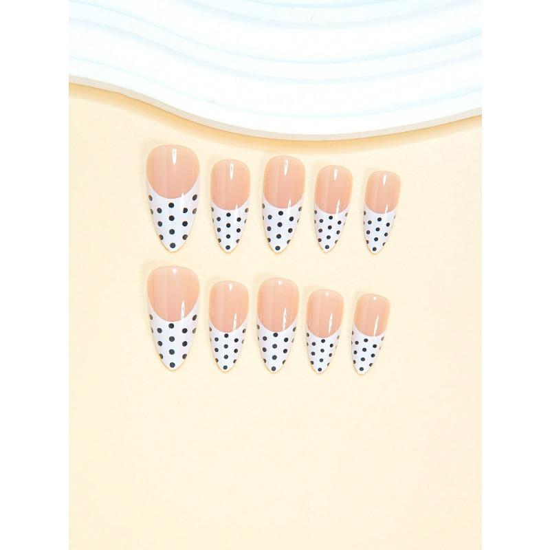 24pcs Medium Almond Shape False Nails Elegant Vintage White French-Style Press-On Nails Black White Contrasting Polka Dot Pattern Artificial Nails