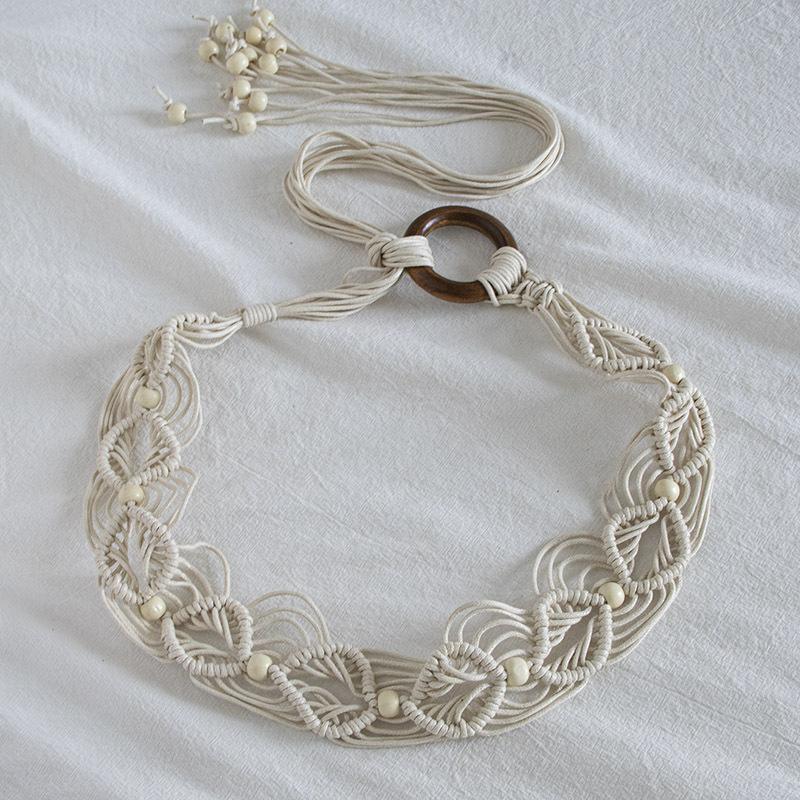Boho Style Wax Rope Weaving Knotted Ethnic Style Handmade Wooden Beads Women's Belt Leisure Vacation Style Exquisite Waist Rope