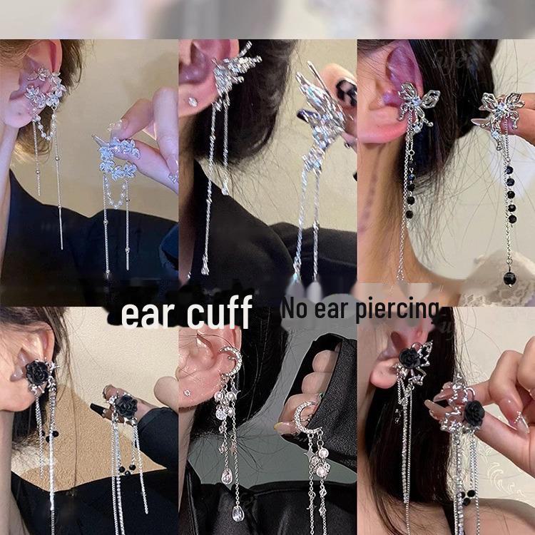 Silver Needle Star & Moon Tassel Ear Clips: Shiny Zircon, Sweet & Cool Style, Non-Pierced