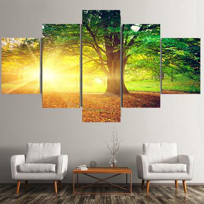 5 Πάνελ Τοπίο Ηλιοβασίλεμα Πράσινο Δέντρο Δάσος Καμβάς Ζωγραφική Αφίσες και Εκτυπώσεις Τέχνη Τοίχου Εικόνες Σαλόνι Διακόσμηση Σπιτιού Χωρίς Πλαίσιο