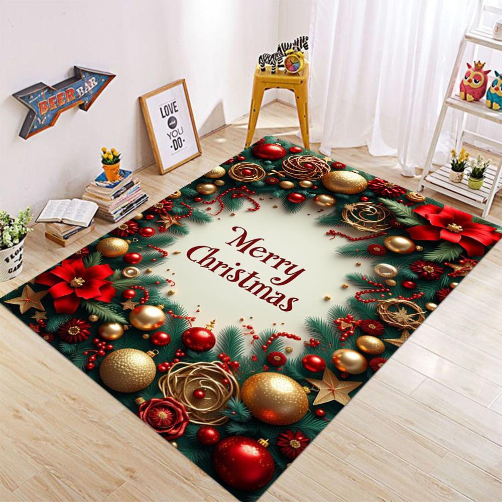 Christmas Tree Elegant Candy Cane Carpet Poinsettia Snowflake Rug for Home Decoration Red Green Gold Mat Living Room Decoration
