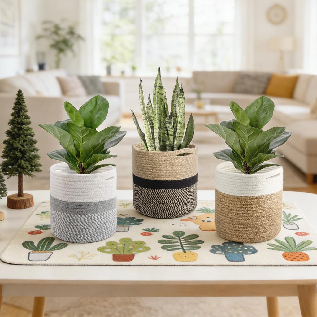 Woven Flower Baskets, Handmade Woven Baskets, Green Plant Floor Pots, Straw Woven Flower Pots