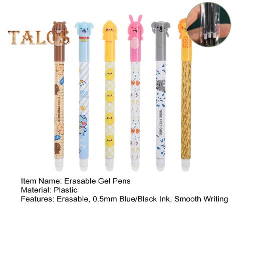 6 Pcs Erasable Gel Pens Cartoon Animal Rollerball Gel Pens 0.5mm Blue/Black Ink Erasable Ballpoint Pens for School Office Home Supplies