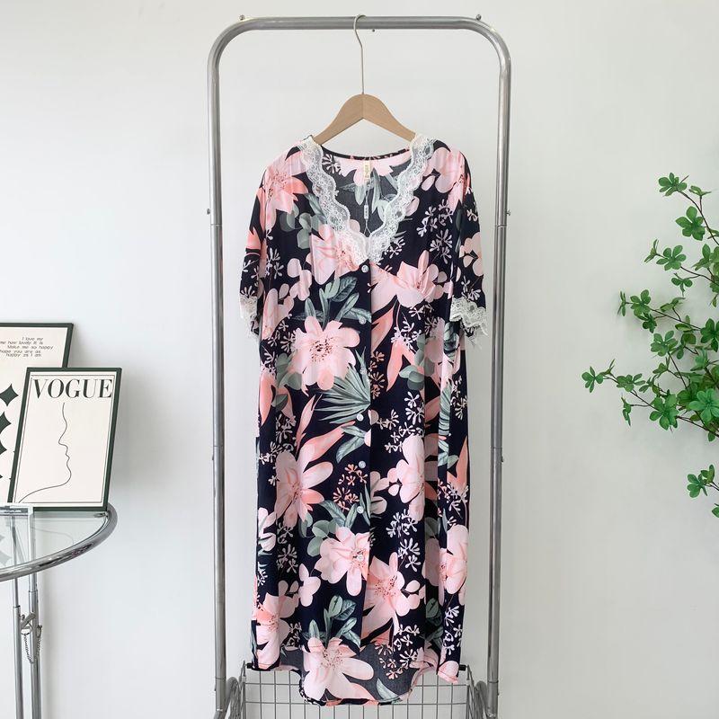 

Cotton Silk Lace Nightdress Female Summer New Viscose Staple Fiber Pajamas European Style Plus Size Shirt Dress Poplin Pajamas Homewear Dark blue 1 One size
