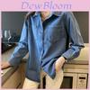 Retro Navy Denim Shirt For Women With Long Sleeves And Pockets For Casual Office Wear