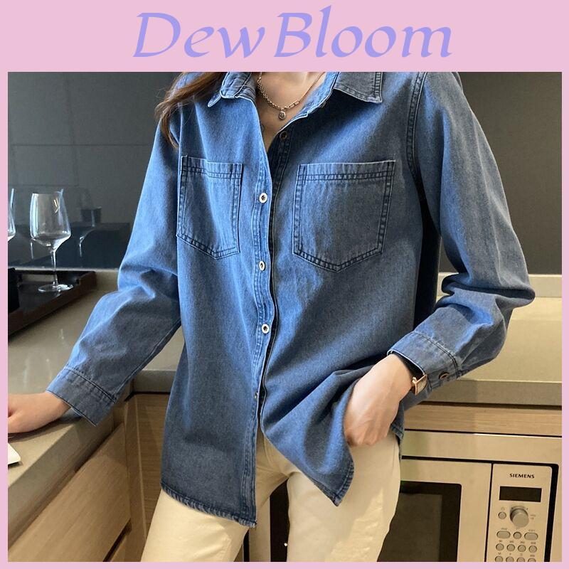 Retro Navy Denim Shirt For Women With Long Sleeves And Pockets For Casual Office Wear