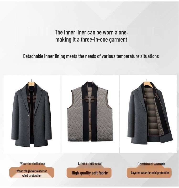 Men's Winter Wool Coat with Scarf Collar - Business Casual, Detachable Double-Sided Design, 90% Goose Down Liner