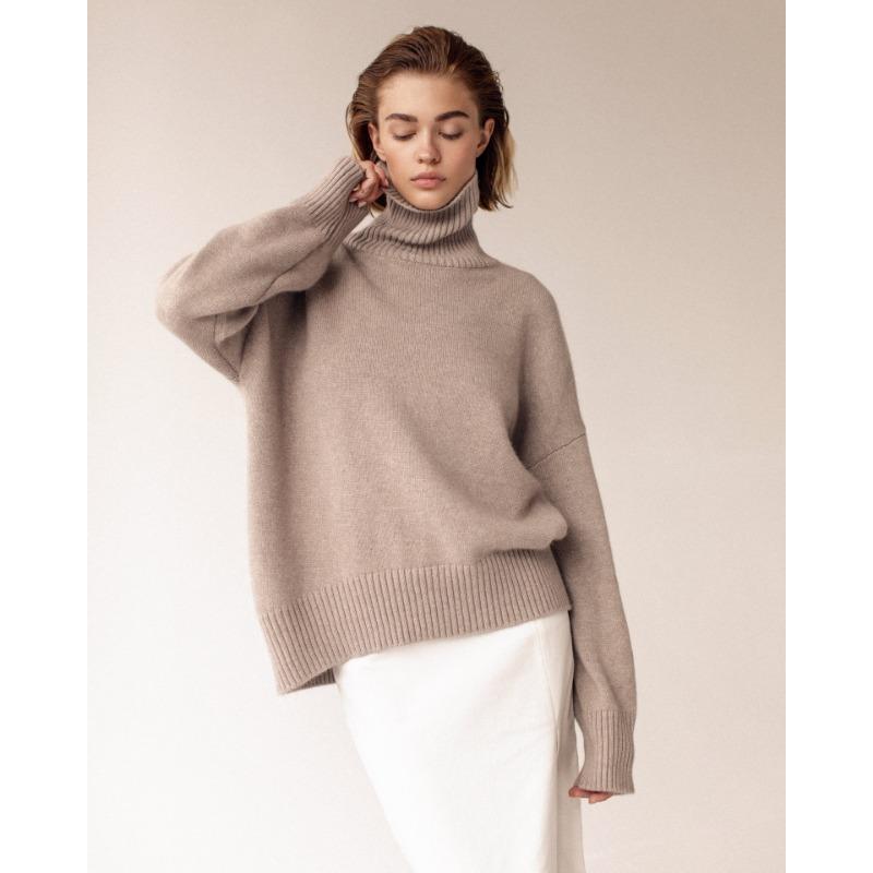 Women Trendy Oversized Solid Color Knitted Sweater Long Sleeve Vintage Casual Jumpers Turtleneck Pullover