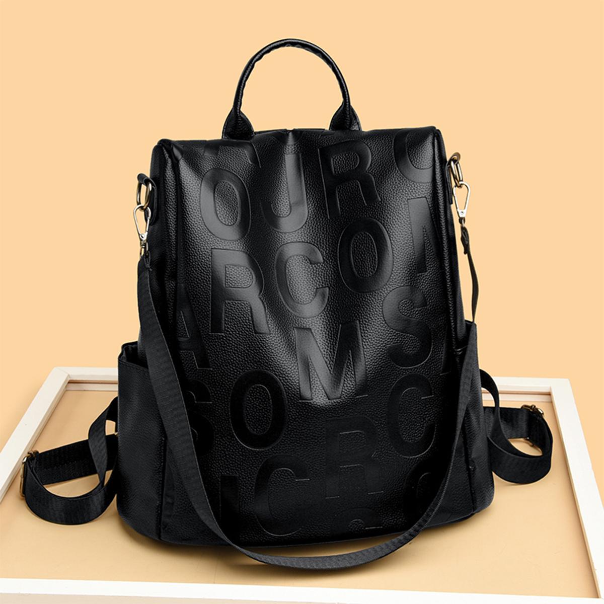 

Vintage Letter Print Backpack for Women Lightweight Large Capacity PU Adjustable Strap for Daily Use Commuting fashion backpack