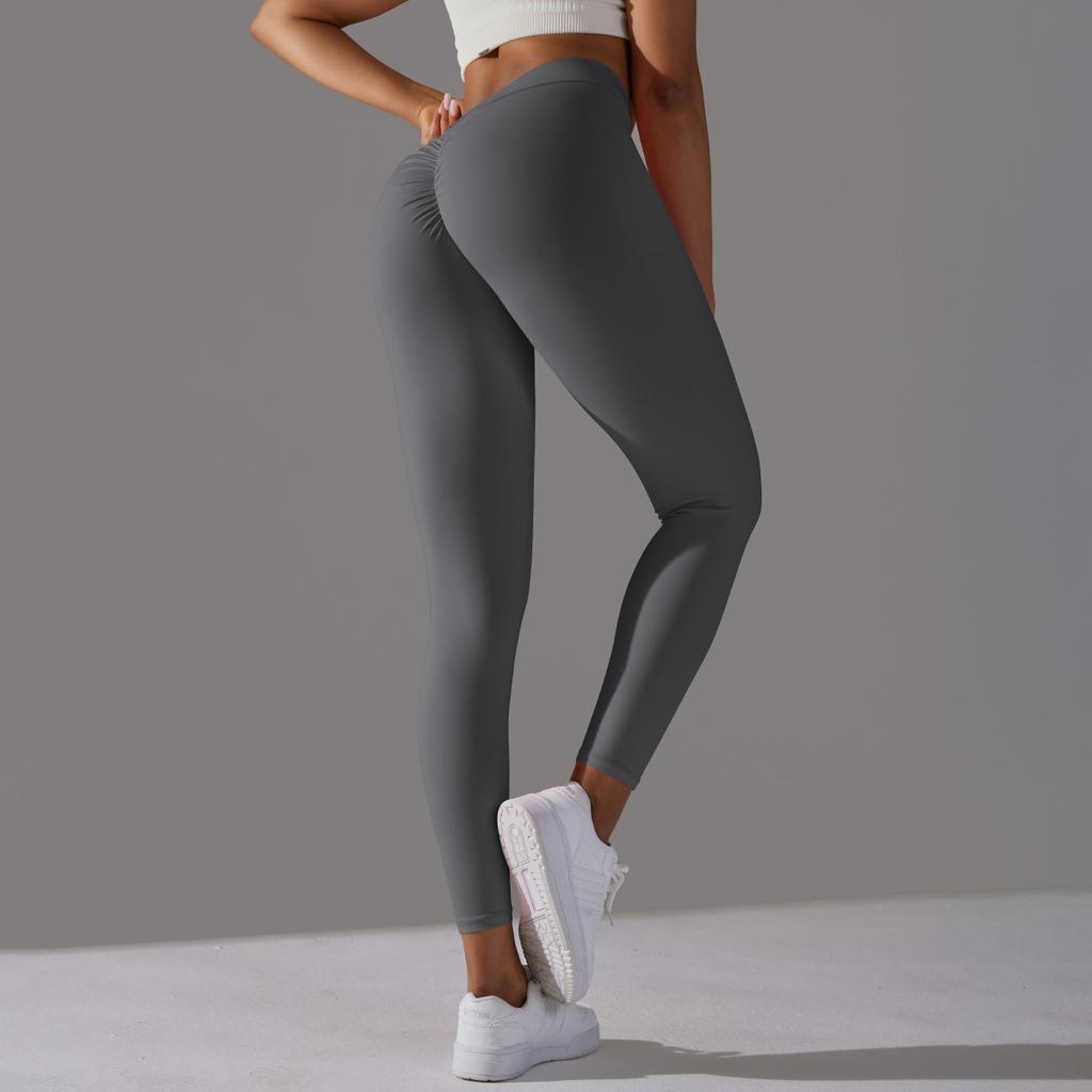 Brushed V-waist Pleated Solid Color Peach Hip Yoga Pants For Sports, Running, Fitness, Tight Fitting Cropped Pants