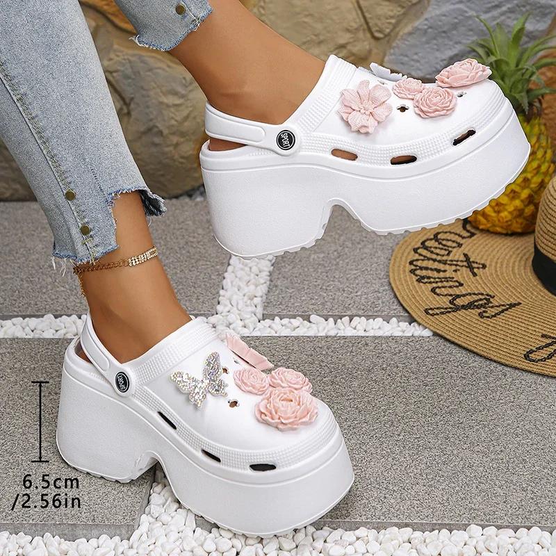 Fashion Chunky Platform Big Flower Clogs for Women Summer 2025 High Heels Soft Eva Sandals Woman Fashion Crystals Butterfly Wedges Shoes